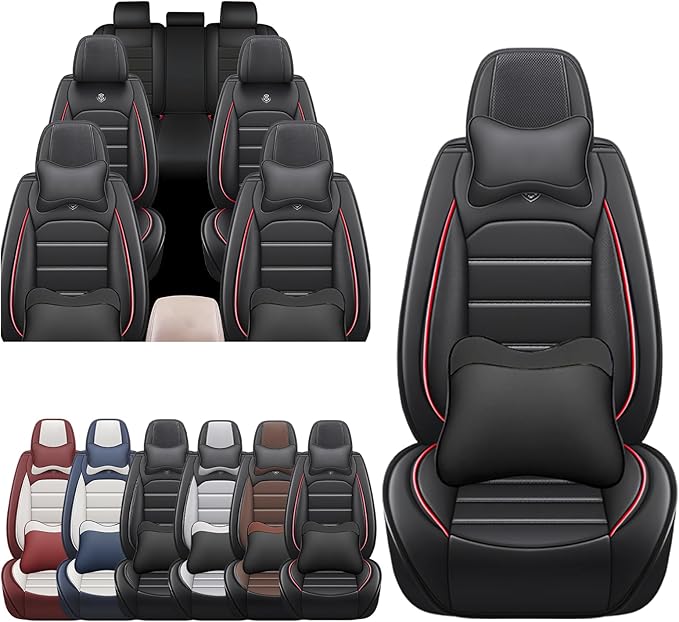 JOJ Car Seat Cover Fit for Toyota Highlander 2001-2025,7 Seat Car Seat Cover,No-Slip Waterproof Breathable Faux Leather Automotive Seat Covers Auto Interior Covers,Full Set with Pillow,Black Red