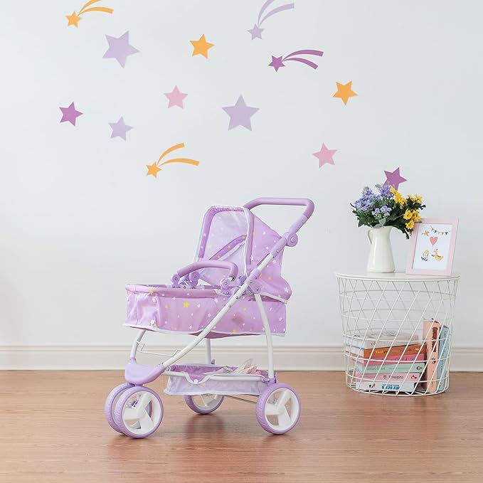 Olivia's Little World - Play Baby Doll Bassinet Stroller for Toddler, Baby Doll Pram Stroller Buggy for 3+ Year Old Girls, Twinkle Stars Princess 2-in-1 Baby Doll Stroller for Kids - Purple