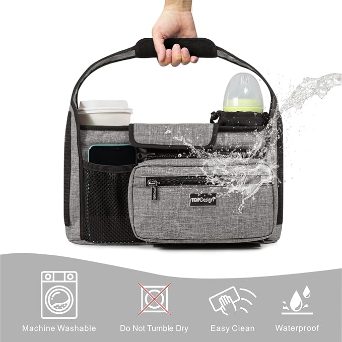 TOPDesign Universal Baby Stroller Organizer, Stroller Caddy with Heightened Insulated Cup Holders & Non-Slip Secure Hooks Accessories, Fits Most Strollers, Machine Washable (Green)
