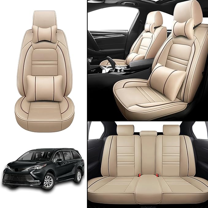 Car Seat Covers for Toyota Sienna 2004-2025 | 5-Seats Seat Covers, Waterproof Seat Protectors, Automotive Seat Covers (Full Set with Pillow,Beige)
