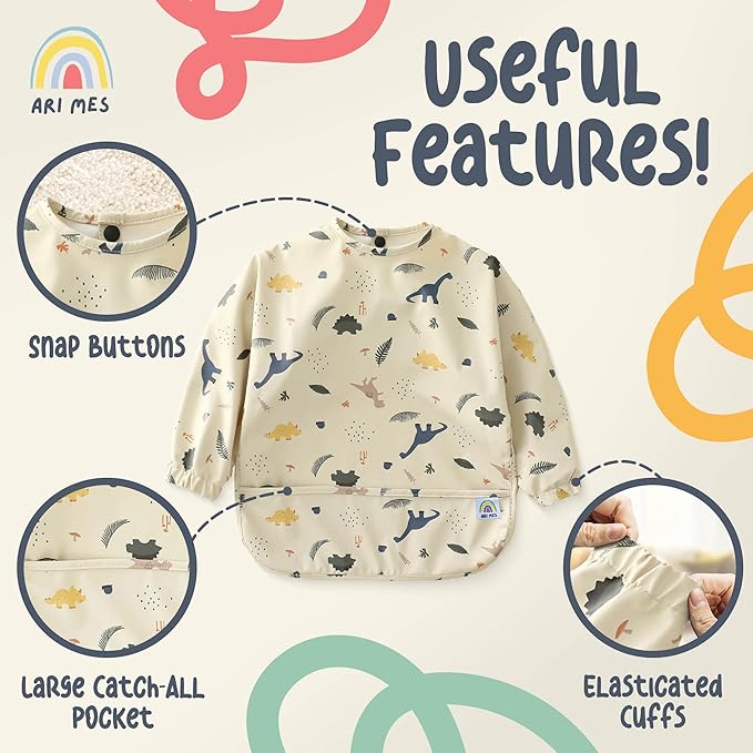 ARI MES Long Sleeves Waterproof Baby Bibs for Eating - Blue, Small - Wearable, Coverall for Toddler, Long Sleeve Bib, Smock for Toddler, Apron for Feeding - Applicable for 6-72 Months
