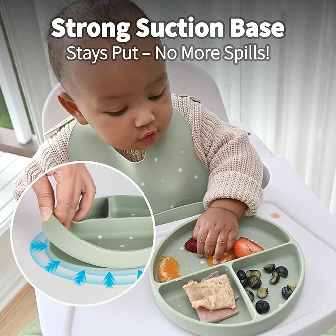 Little Rawr Baby Led Weaning Bundle, 100% Silicone Baby Feeding Set Includes Divided Plate, Suction Bowl, Straw Cup, Bib, Spoon & Fork, Develops Self Feeding Skills, Dishwasher Safe (Green)