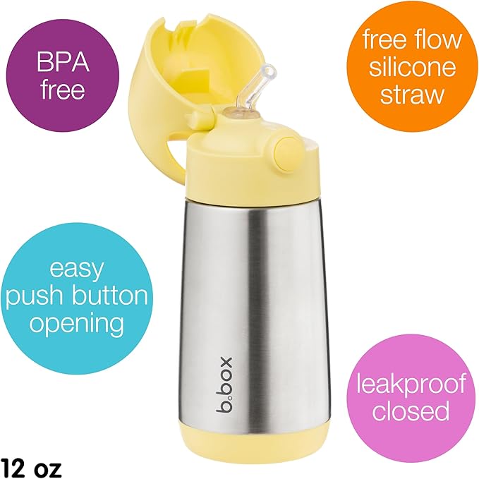 b.box 12 oz Insulated Water Bottle - Keeps Drinks Cold 8 Hours, Warm 6 Hours, Triple Wall Stainless Steel Kids Water Bottle w/Free Flow Silicone Straw, Leakproof & Dishwasher Safe