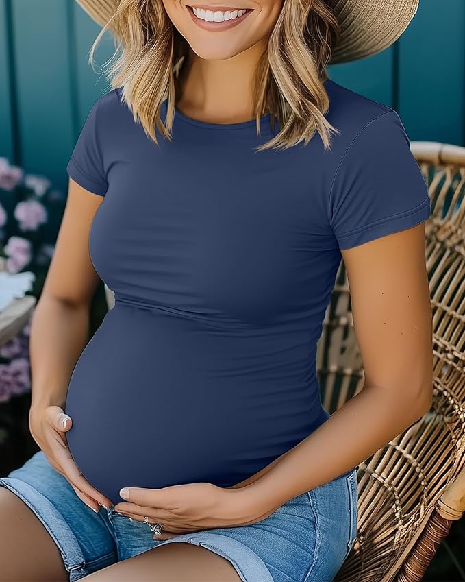 Huukeay 4 Pack Women's Maternity Shirts, Crew Neck Maternity Top Short Sleeve Casual Cotton Tee Side Ruched Pregnancy Clothes