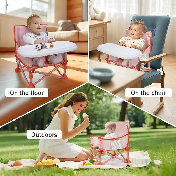 Tiny Marvels Portable 3-in-1 Baby Chair, Cozy Booster Seat, Baby Seat with Tray, Compact Foldable, Toddler Chair with Child Safety Belt Carry Bag, Perfect for Travel (Blush Petals)