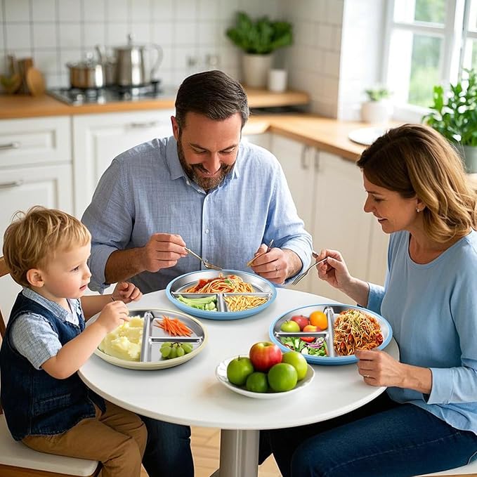BUSOHA 2 Pack Stainless Steel Kids Plate with Suction - 9” Divided Toddler Baby Plates with Silicone Sleeves Non-Slip 2-in-1 Anti Breakage Metal Toddler Bowls Microwave Dishwasher Safe