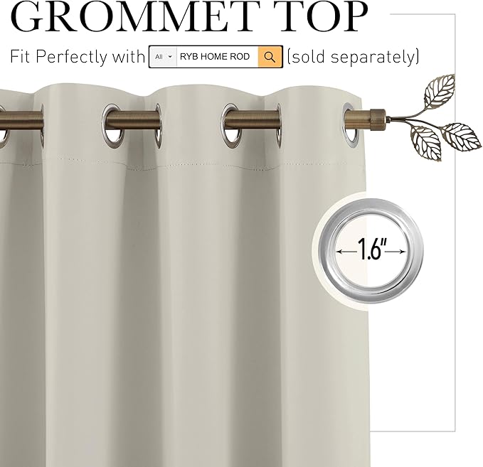 RYB HOME Blackout Curtains Thermal Insulating Privacy Temporary Door Curtains for Bedroom Closet Doorway Accordion Door Interior Living Room Kids Nursery Dining, Wide 60 x Long 90 inch, Natural