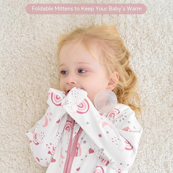 Baby Sleep Sack 18-24 Months, Long Sleeve Baby Wearable Blanket 0.5 Tog with Mittens, 2-Way Zipper Toddler Cotton Sleeping Sack for Boy and Girl Pink Rainbow 2 Pack(XLarge)