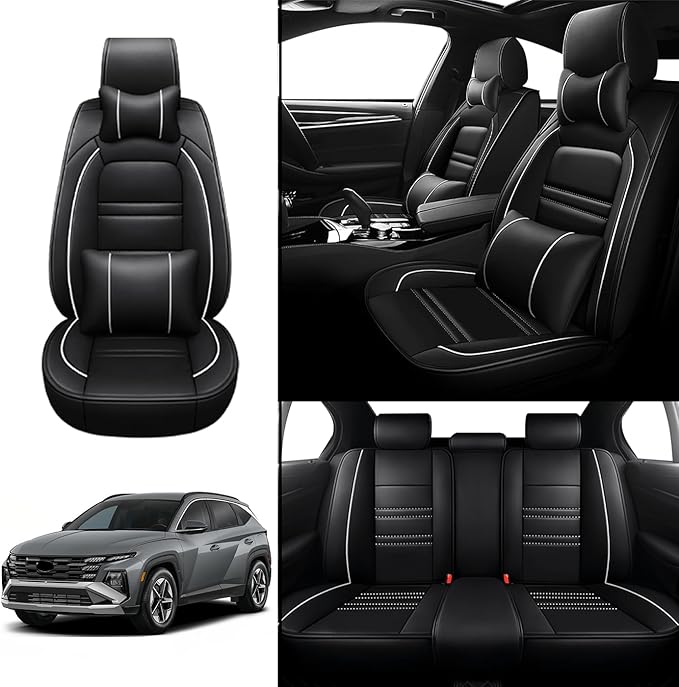 Car Seat Covers for Hyundai Car Tucson 2005-2025 | 5-Seats Seat Covers, Waterproof Seat Protectors, Automotive Seat Covers (Full Set with Pillow,Black&White Line)