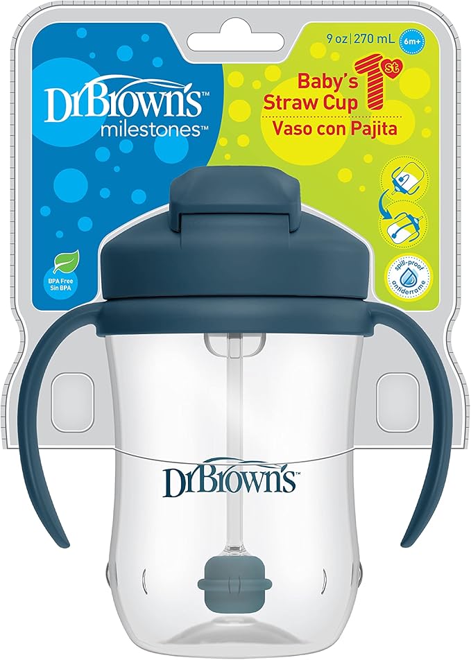 Dr. Brown's Milestones Baby's First Straw Cup, Training Cup with Weighted Straw, 9oz/270mL, Dark Blue, BPA Free, 6m+
