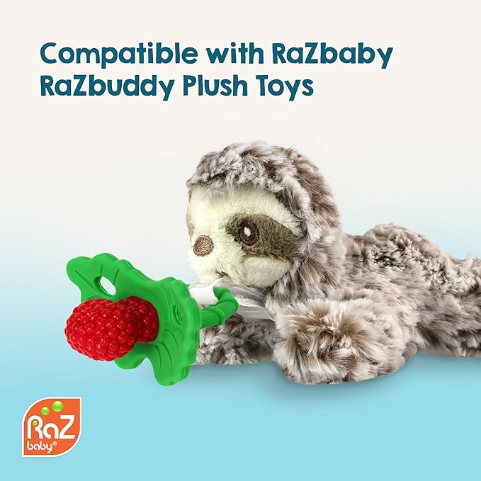 RaZbaby RaZberry Silicone Teether Pacifier – Teething Relief for Infants 3m+, Food-Grade, BPA-Free, Hands-Free, Natural Berrybumps Fruit Texture for Sensory Development, Freezable 2-Pack, Blue & Grey