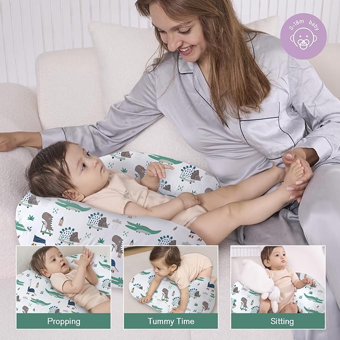 Little Grape Land Nursing Pillow,Upgraded Breast Feeding Pillow for Mom,Breastfeeding & Bottle Feeding for 0–14 Months, Soft Machine Washable Cover with Firm Breathable Filling, Tummy Time,Dinosaur