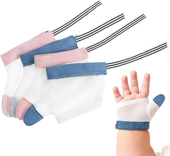 Ciieeo Finger Stop Gloves Thumb Protector Mittens Breathable Cotton Material for Infants Teething and Chewing Prevention M Size, 2 Pairs Random Color