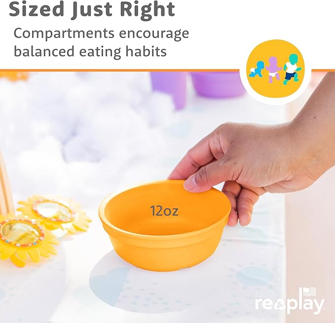 Re-Play 12 oz. Toddler Bowls Set of 4 - Kids Deep-Walled, Durable & Reusable Snack and Meal Bowls, Dishwasher & Microwave Safe, BPA-Free, Made in USA from Recycled Plastic, Aqua Asst