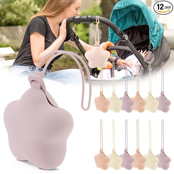 12 Pack Silicone Pacifier Holder Case, Safe and Soft Material, Pacifier Pouch Portable Pacifier Case with Stretchy Lanyard, Protective Pacifier Storage Case for Diaper Bag Stroller Travel