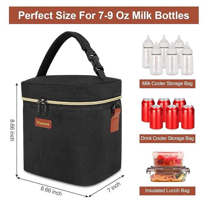 Mancro Breastmilk Cooler Bag with Ice Pack, Insulated Baby Bottle Bag Fits 6 Bottles up to 9oz, Waterproof Breast Milk Storage Bag for Daycare, Travel, Nursing Moms,Blue & Grey