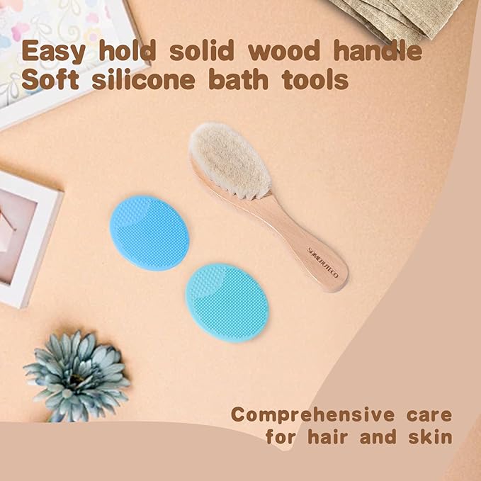 Baby Hair Brush and Cradle Cap Brush Set Goat Hair Bristles Brush 2 Pieces Silicone Cradle Cap Brushes Wood Handle Newborn Brush Kit for Newborns and Toddlers 3 Packs