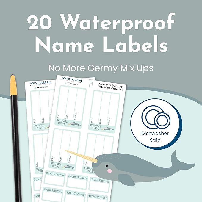Name Bubbles - Reusable Baby Bottle Labels for Daycare (20 Labels) - Kids Washable Name Tags for Bottles, Sippy Cups, & Snack Containers, Waterproof, Baby Name Stickers, Write-On (Dogs)