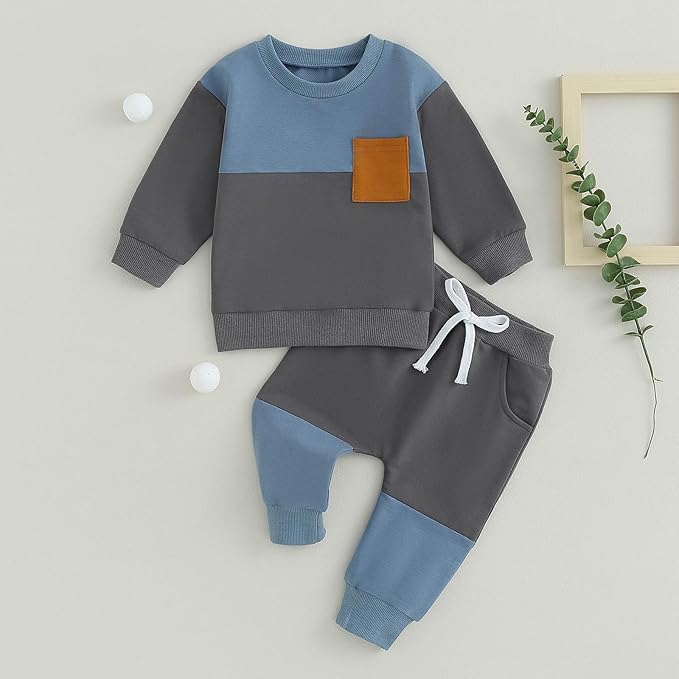 Toddler Baby Boy Fall Clothes Waffle Contrast Color Sweatshirt Pants Sets Infant Winter Outfits 6 12 18 24 Months