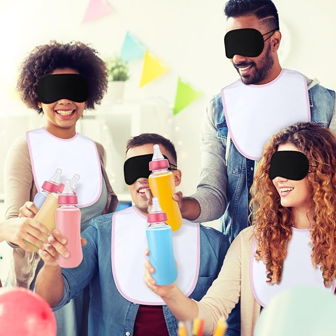 Leinuosen 24 Pcs Baby Shower Blindfold Feeding Game Set Include 6 Plastic Chug Bottles 6 Bib and 12 Eye Mask Blindfold Baby Feeding Bottle Chug Game for Adult Gender Reveal Party Supplies(Pink)