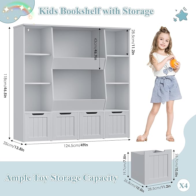 FINETONES Toy Organizers and Storage with 4 Movable Drawers, Large Toy Storage Organizer with 8 Open Storage Cubbies, Kids Bookshelf and Toy Storage with Hidden Wheels for Playroom, Kids Room,Grey