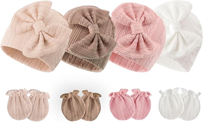BQUBO Newborn Baby Hats Mittens Set Hospital Hat Beanie Infant Bow Hats Baby Gloves No Scratch Mittens for 0-6 Months
