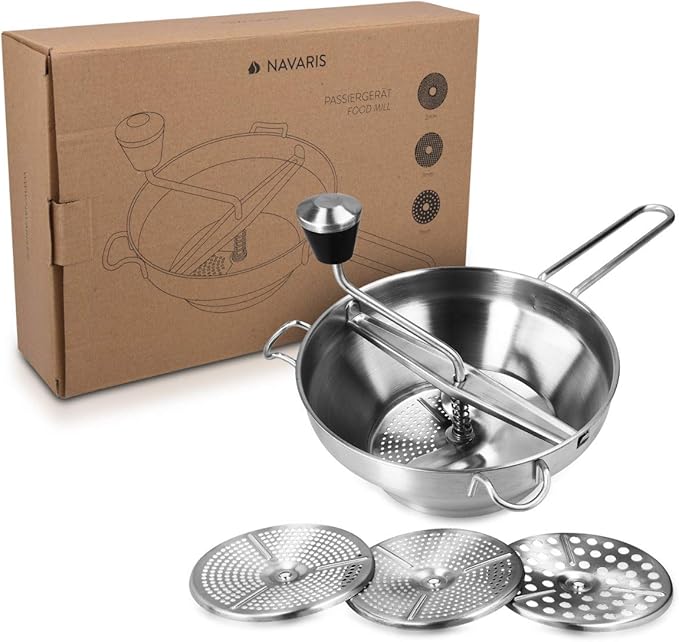 Navaris Food Mill - Stainless Steel Food Mill 1.26-Quart with Hand Crank and 3 Grinding Discs - Grind & Puree Tomato Sauce, Mashed Potatoes - or for Canning Applesauce