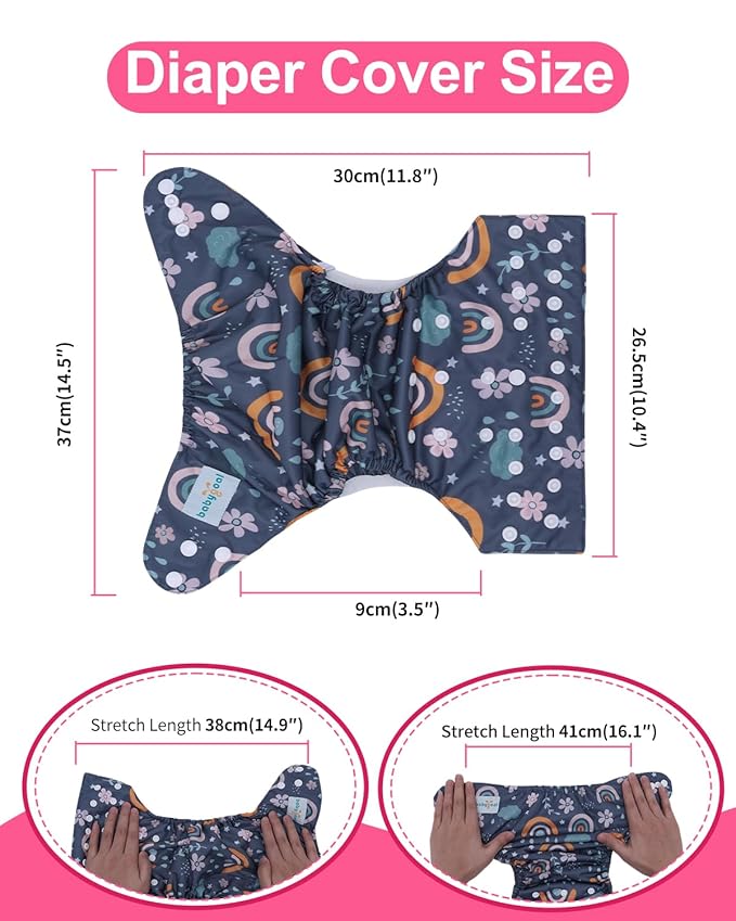 babygoal Cloth Diaper Covers 6 Pack with Wet Bag for Fitted Diapers and Prefolds with Double Gussets, Adjustable and Reusable for Baby Girls 6DCF16-B