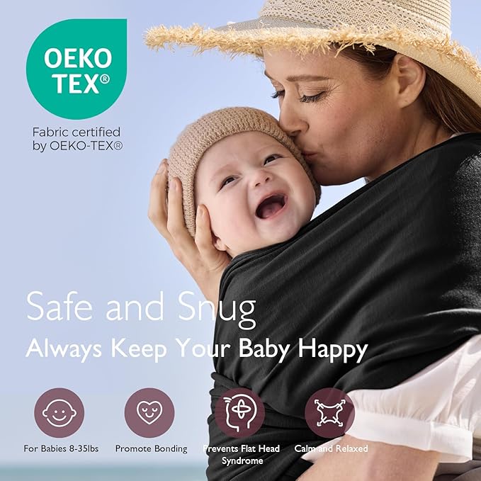 Momcozy Baby Wrap Carrier, Easy to Wear Infant Carrier Slings, Lightweight Hands Free Baby Sling, Adjustable Baby Carriers for Newborn to Toddler 8-35 lbs, Black