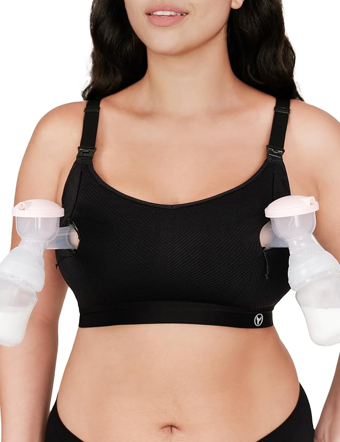 Pumping Bra Hands Free Zip Opening Design Seamless Nursing Bras for Breastfeeding High Support Nursing & Pumping Bra in One Black M