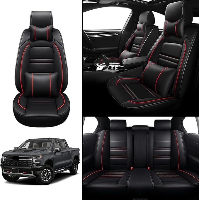 Car Seat Covers for Chevy Silverado 1500 2007-2025 | 5-Seats Seat Covers, Waterproof Seat Protectors, Automotive Seat Covers (Full Set with Pillow,Black&Red Line)