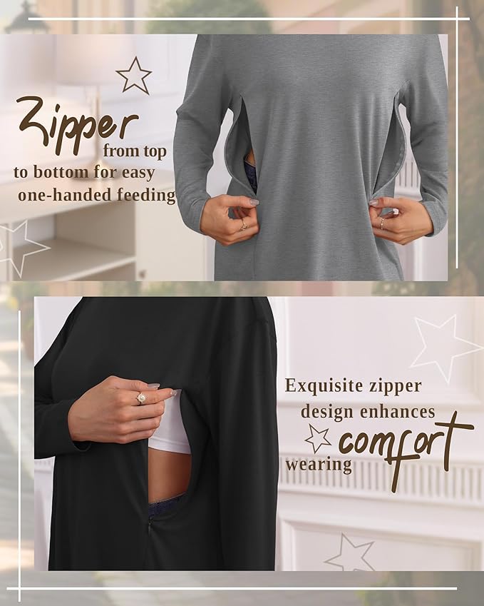 3 Pack Women's Nursing Breastfeeding Tops, Long Sleeve Maternity Shirts Oversize Hidden Zipper Pregnancy Clothes