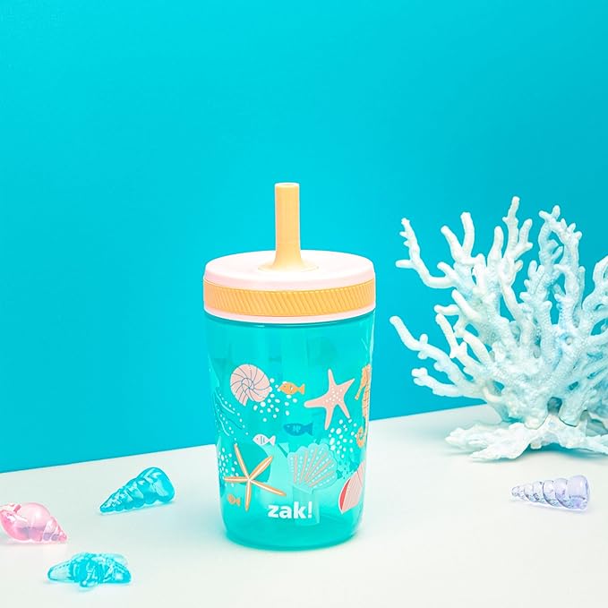 Zak Designs Kelso 15 oz Tumbler Set, (Shells) Leak-Proof Screw-On Lid with Straw Made of Durable Plastic and Silicone, Perfect Cup Bundle for Kids (2pc Set)