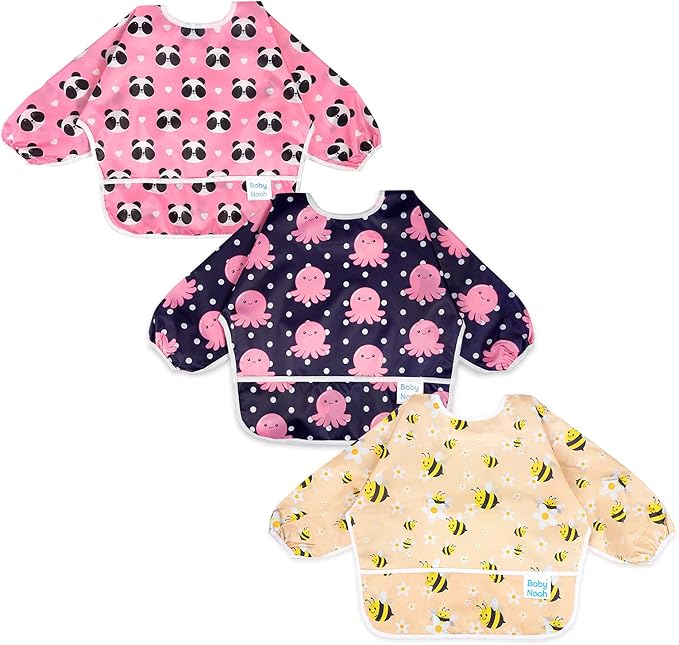 3 Pcs Long Sleeved Bib Set|Baby Waterproof Bibs with Pocket Bundle|Toddler Bib with Sleeves|Stain Resistance Smock 6-24 Month