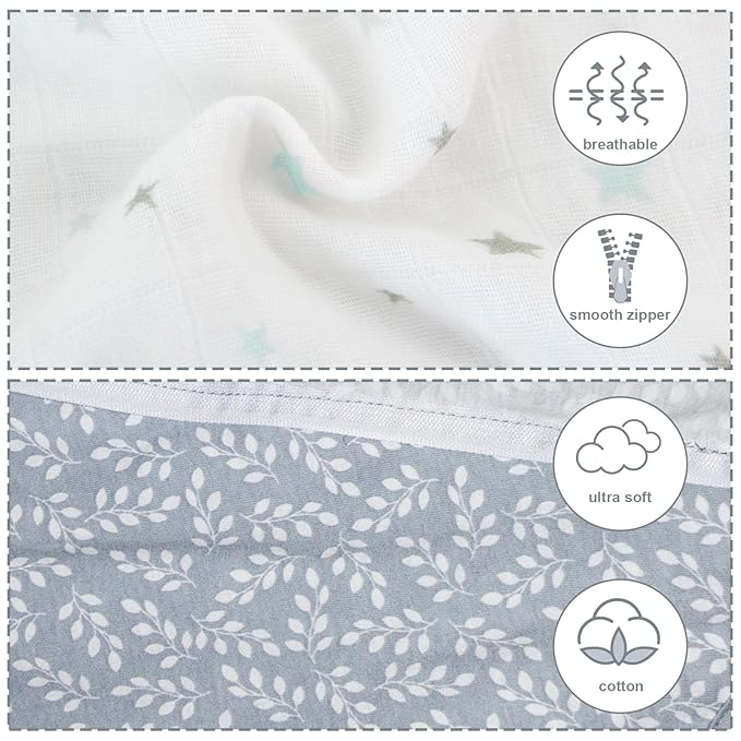 Baby Sleep Sack 6-12 Months 2 Pack, 100% Cotton Baby Sleeping Bag, 2-Way Zipper Wearable Blanket for Baby Boy and Girl, Medium, 0.5 TOG, Blue Star & Flower