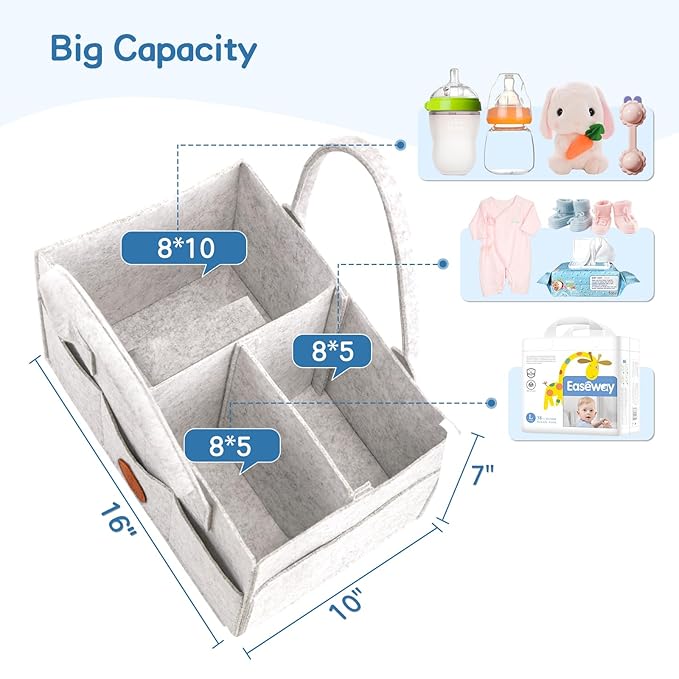 Maliton Baby Diaper Caddy, Car Organizer with Handle, Felt Diaper Caddy for Baby Boy Girl, Changing Table Organizer for Baby Stuff, 16" x 10" x 7" Baby Organizer for Nursery (White)