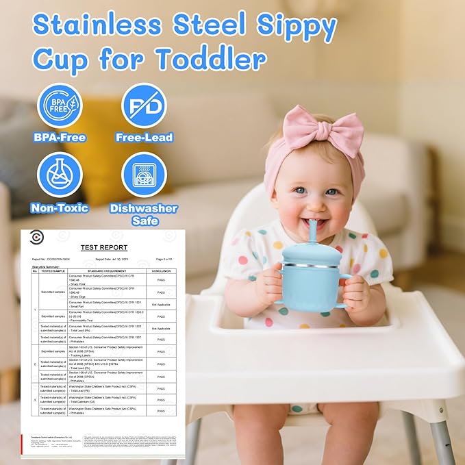 BUSOHA Stainless Steel Sippy Cups - 3 IN 1 Silicone Sippy Cup for Toddlers Baby Straw Cup with Brush Kids Cups with Lid and Silicon Straw Anti-Drop Spill Proof Cups for Travel,8 oz, Blue
