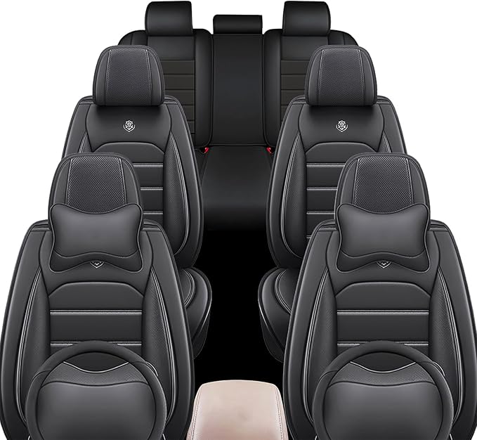 JOJ Car Seat Cover Fit for Toyota Highlander 2001-2025,7 Seat Car Seat Cover,No-Slip Waterproof Breathable Faux Leather,Full Set with Pillow Steering Wheel Covers,Black
