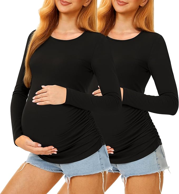 Maternity Shirts Long Sleeve Pregnancy Top for Women with Crew Neck Casual Tee Shirts