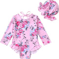 YOUNGER TREE Infant Baby Girls Swimsuit Long Sleeve Swimsuits One Piece Swimsuit Solid Color Bathing Suit with Hat, UPF 50+