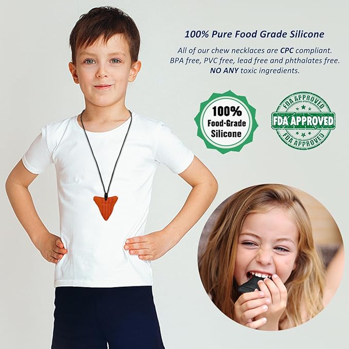Chewy Necklace Sensory for Kids and Adults, Shark Tooth Silicone Autism Chew Toys Sensory for Boys Girls with ADHD, Anxiety, SPD, 6 Pack Chewing Necklace - BPA Free