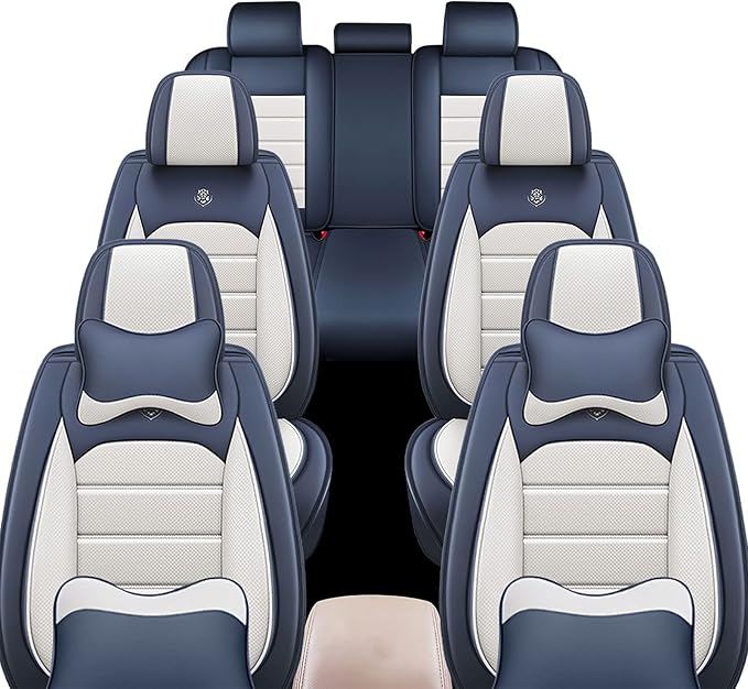 JOJ Car Seat Cover Fit for Toyota Highlander 2001-2025,7 Seat Car Seat Cover,No-Slip Waterproof Breathable Faux Leather Automotive Seat Covers Auto Interior Covers,Full Set with Pillow,Cream Blue