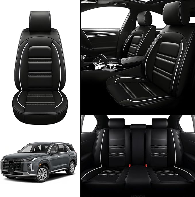 Seat Covers for Hyundai Car Palisade 2020-2025 | 5-Seats Leather Seat Covers, Easy to Install Automotive Seat Covers Full Set (Full Set, Black&White Line)