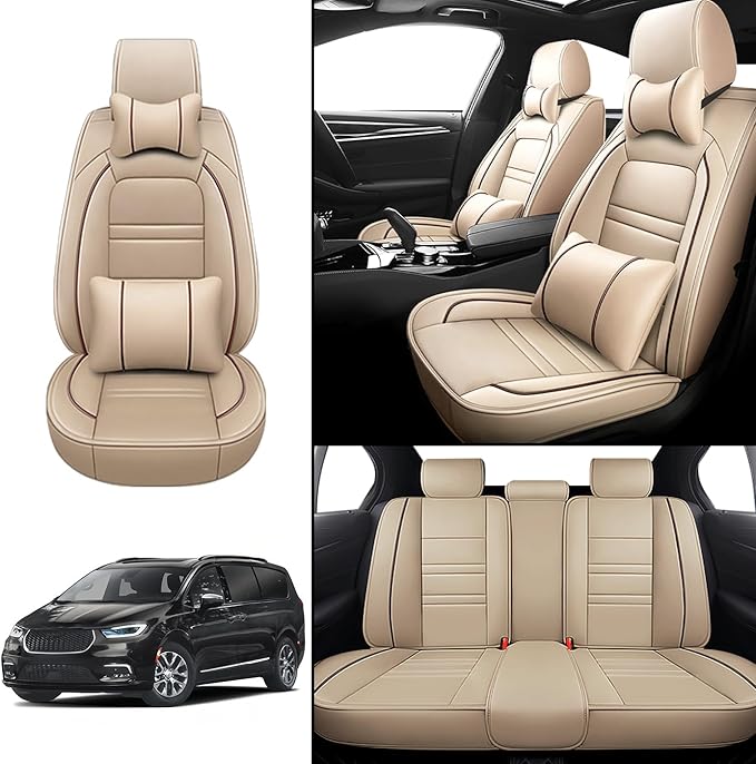 Car Seat Covers for Chrysler Car Pacifica 2004-2025 | 5-Seats Seat Covers, Waterproof Seat Protectors, Automotive Seat Covers (Full Set with Pillow,Beige)