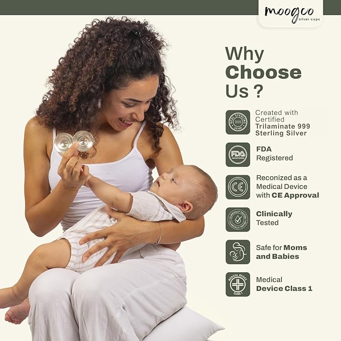 MoogCo The Original Silver Nursing Cups - Nipple Shields for Breastfeeding Newborn - 999k Nipple Cups - Nipple Shield for Nursing Newborn - Silver Nipple Covers for Breastfeeding (Tri-Laminate Silver)