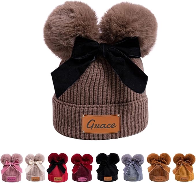 Personalized Toddler Beanie Hat with Bow - Custom Winter Pom Pom Beanies - Leater Patch Baby Warm Knit Hats