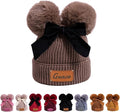 Personalized Toddler Beanie Hat with Bow - Custom Winter Pom Pom Beanies - Leater Patch Baby Warm Knit Hats