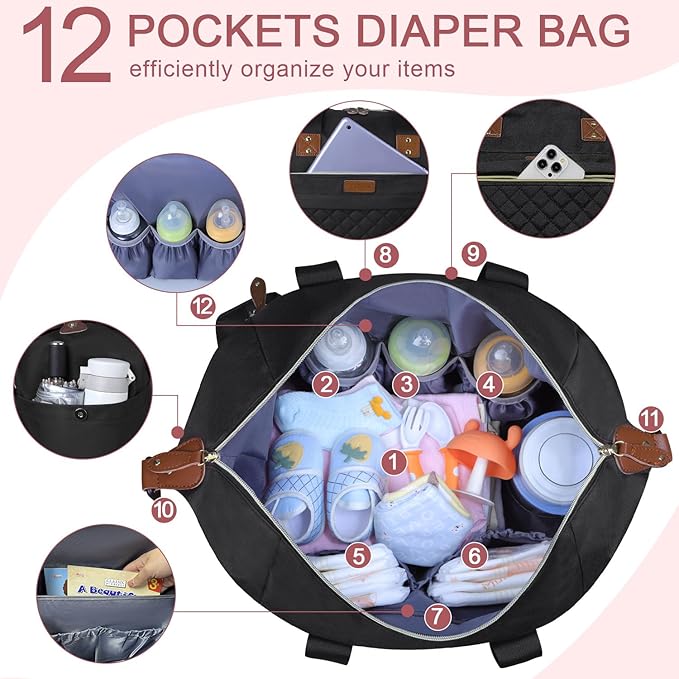 Pritent Diaper Bag Tote - Diaper Baby Bags with Pacifier Case, Shoulder Straps, Stroller Clips, Waterproof Large Mommy Maternity Travel Baby Bag for Mom and Dad, Medium, Black
