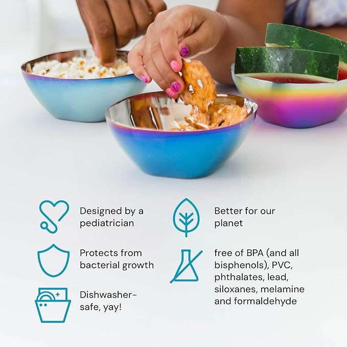 Ahimsa Stainless Steel Bowls for Kids | Non Toxic, Pediatrician Designed Toddler Bowls 12oz | Durable Metal Kids Bowl, Easy to Clean, Dishwasher Safe, Single Fun Blue