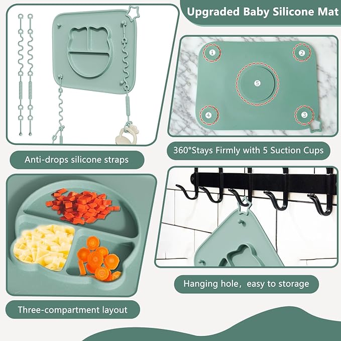2 Pack Silicone Baby Placemats with Non-Slip Strong Suction Base and Anti-Drop 8 Stretchable Straps, BPA Free Food Grade Silicone Table Mats for Babies Toddlers, High Chair, Dining Tables,Pink+Purple